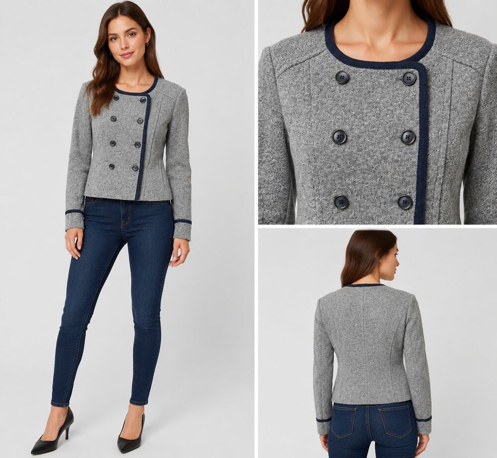 LOFT Gray Marled Knit Jacket Blazer Open Front Button Cotton Blend Women’s XS